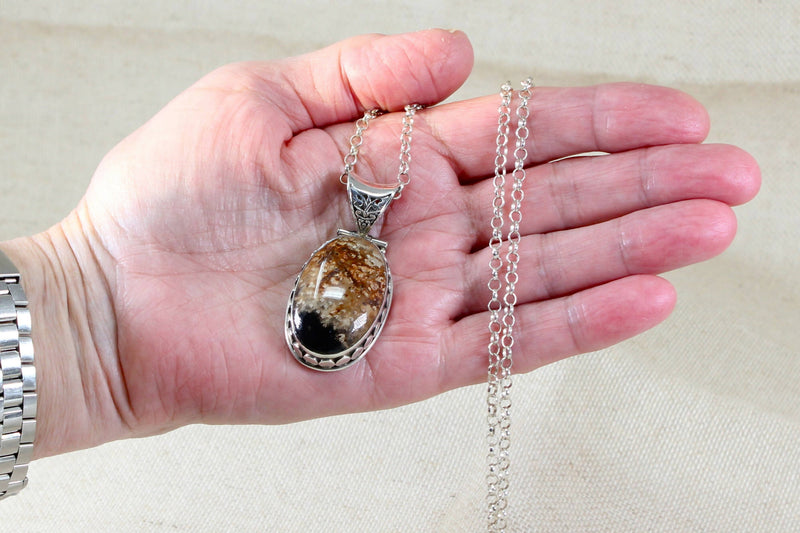 Vintage Silver & Plume Agate Statement Pendant and Chain