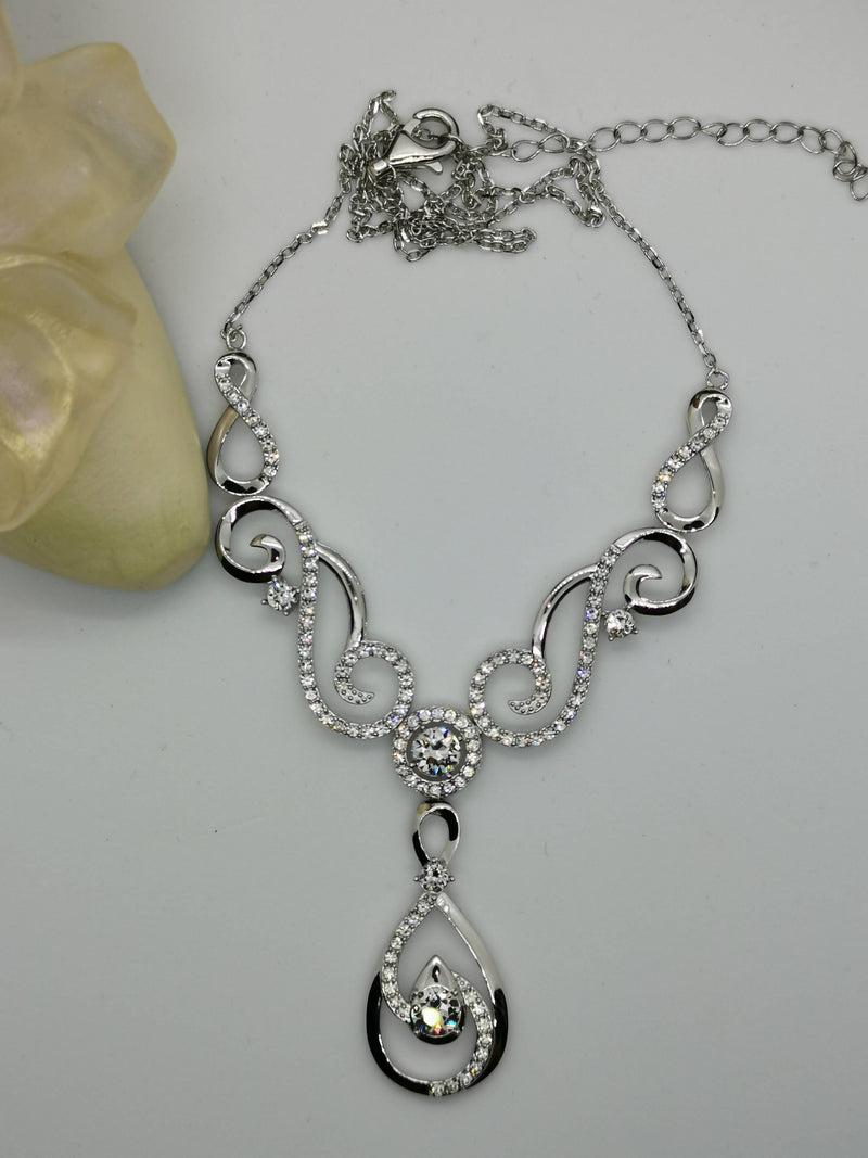 New Swarovski White Zirconia (Rnd) Necklace (Size 18 with 2 inch Extender) in Rhodium Overlay Sterling Silver