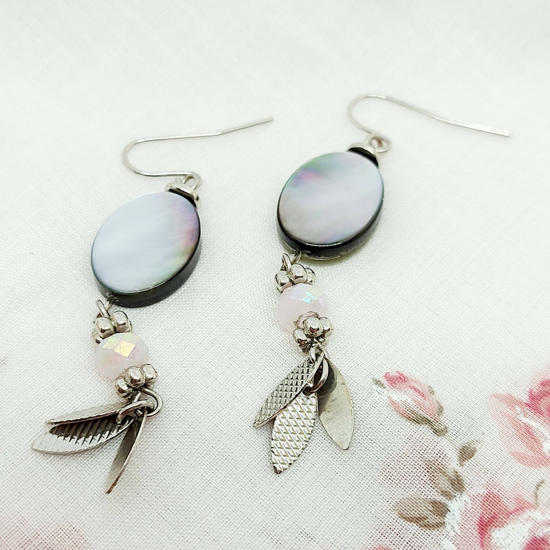 Silver Tone, Shell Effect and Pink Paste Drop Earrings