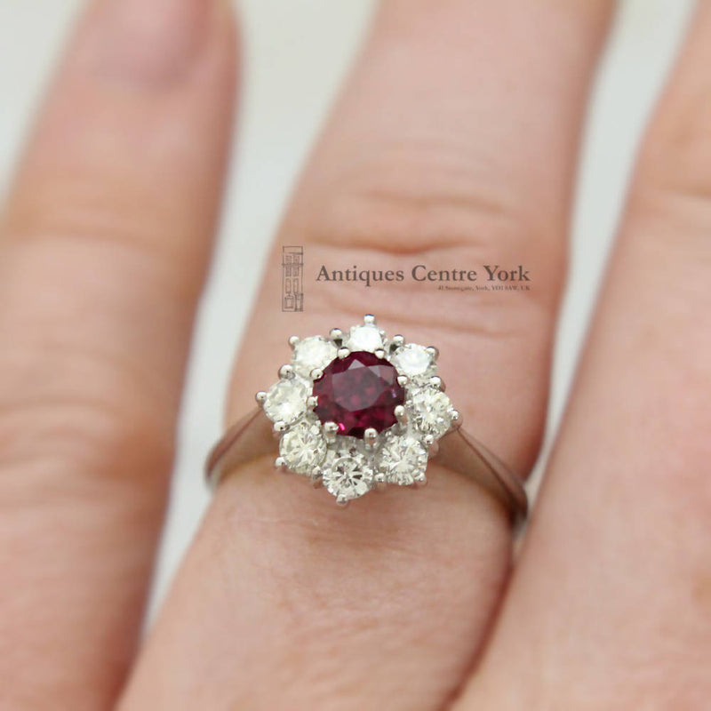 1970's 18ct White Gold Ruby & Diamond Cluster Ring