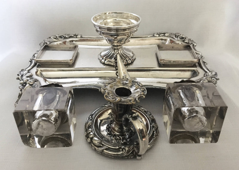 William IV period Sheffield plated inkstand with central taperstick holder. Circa 1835 - 1840