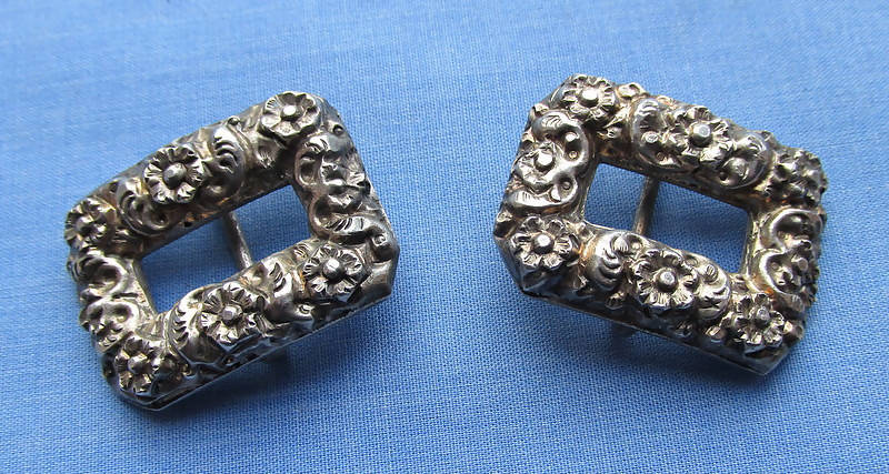 Pair Silver/White Metal Buckles Ornate Floral Decoration
