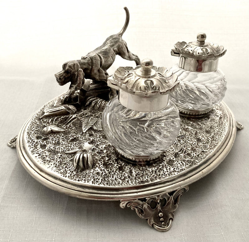 Naturalistic & Hunting Dog Themed Silver Plated Inkstand. John Turton & Co, Sheffield.