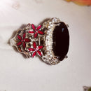 New Black Tourmaline and Zircon Halo Cocktail Ring in Platinum Plated in Sterling Silver - Size O