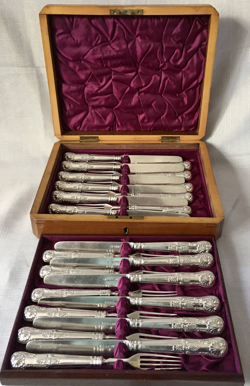 Victorian silver Kings pattern dessert knives & forks for twelve persons. Sheffield 1863 Aaron Hadfield.