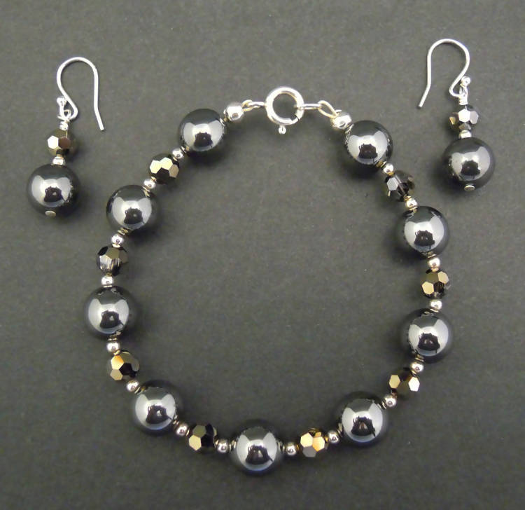 Bridget: Hematite and crystal bracelet-earring set 023