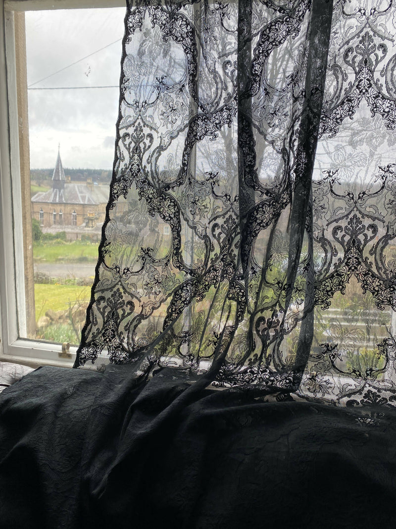 Katia toile black pure Cotton lace Curtain Panelling to finish 51”/100”