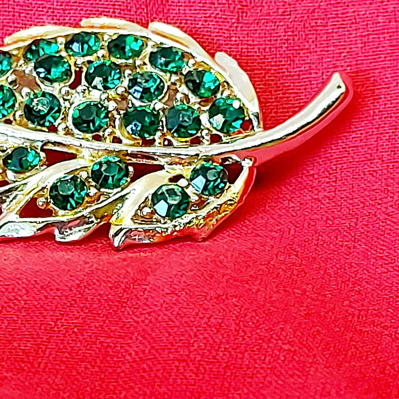 Silver Tone & Faux Emerald Leaf Brooch