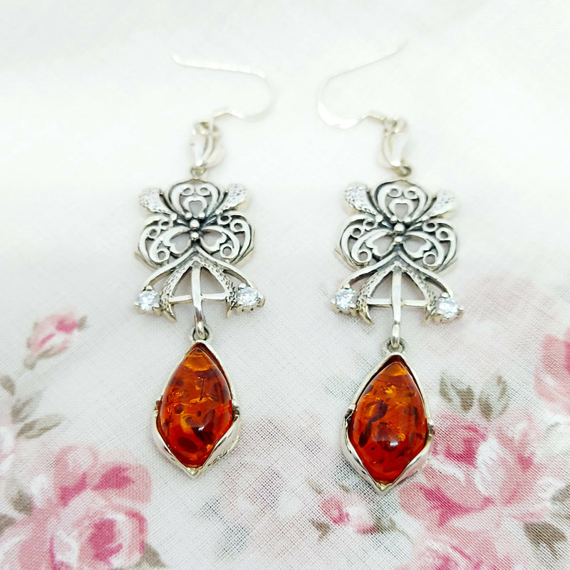 Pretty Silver, Amber & Faux Diamond Earrings