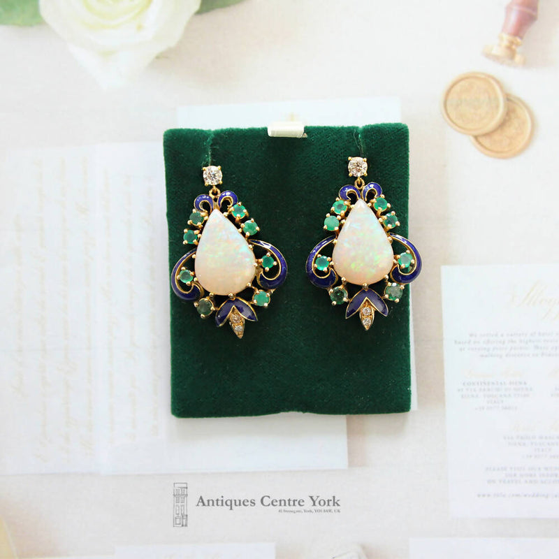 Large Vintage 18ct Opal, Emerald, Chrysophrase & Diamond Earrings