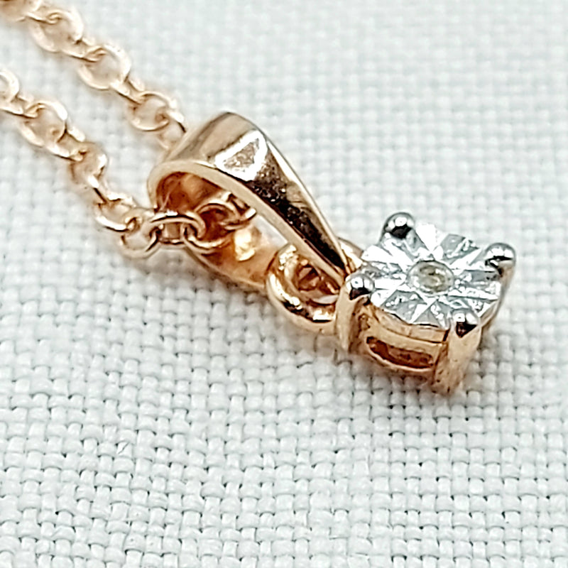 Cute Silver Pendant & Chain, Plated in Rose Gold with Central Diamond Chip