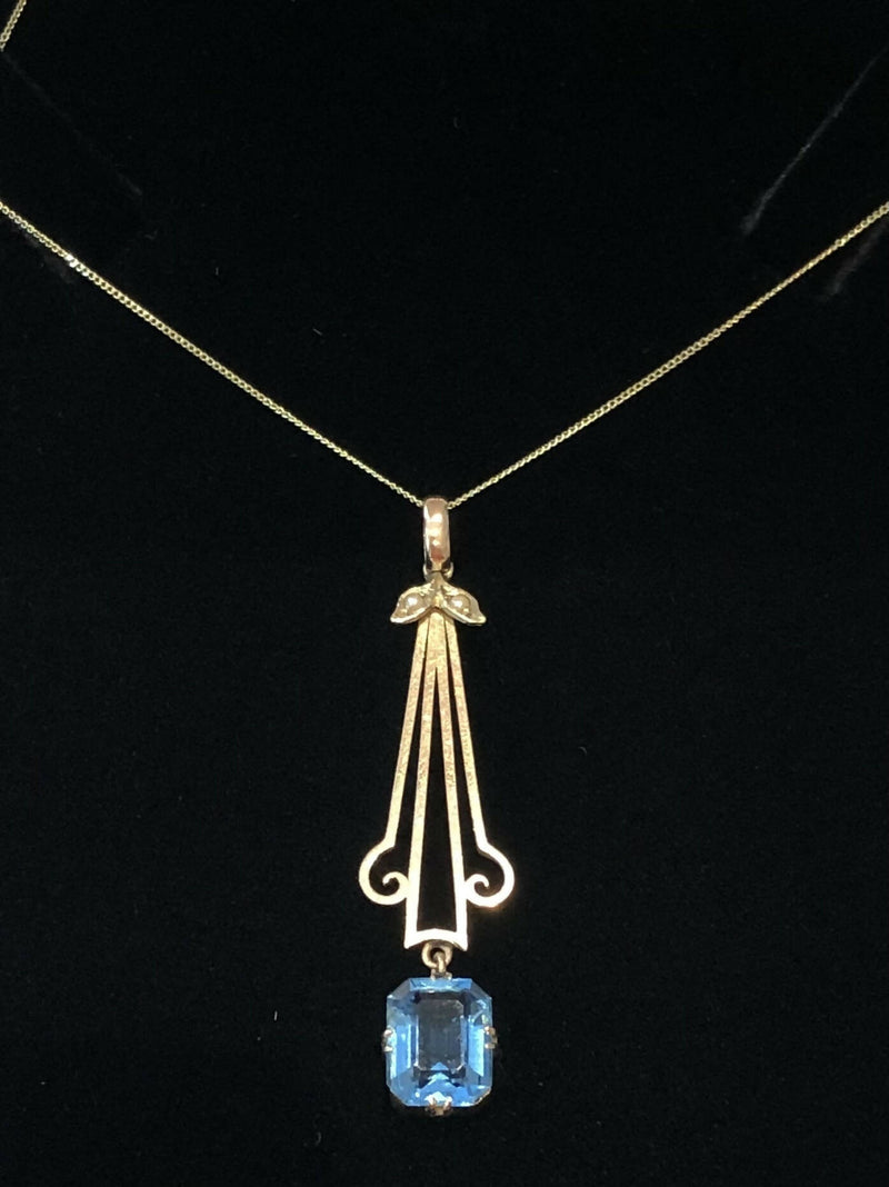 Art Deco Hallmarked 9ct Yellow Gold Blue Topaz & Seed Pearl Drop Pendant