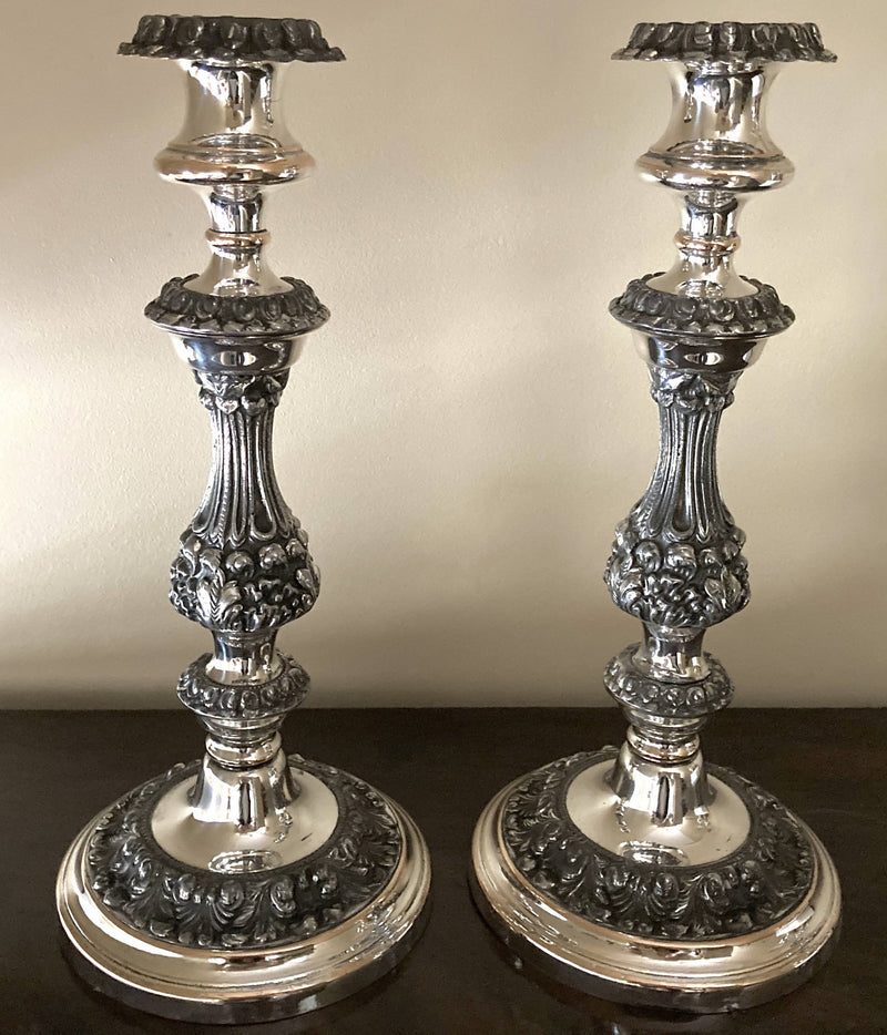Georgian, George IV period, pair of Old Sheffield Plate candlesticks, circa 1820 - 1830.
