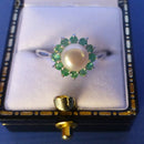 Silver Pearl and Emerald Ring - Size N